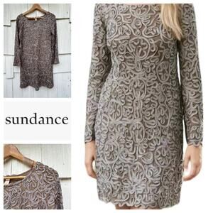 Sundance Pure Elegance Applique Shift Dress Tan Gray w/ Slip Long Sleeve Size PS